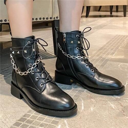 New Stylish Women Handmade Genuine Leather Cross Tied Short Boots Metal Chains Decor Low Platform Rivets Decor Women Ankle Boots