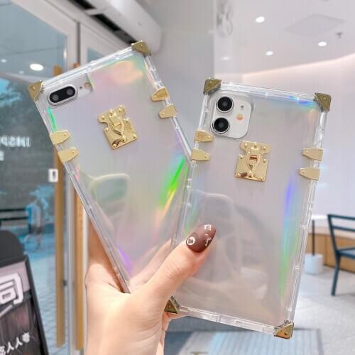 Luxury Laser Rainbow Square Case for iPhone 11 Pro Max XR XS 7 8 Plus X 6 6s Plus Silicone Bling Stripes Phone Cover SE 2020 TPU