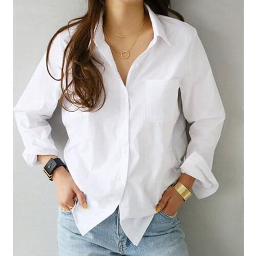 PlusSister White Shirts Women OL Style Turn Down Collar Long Sleeve Womens Tops And Blouses Casual Loose Pocket Slim Tunic