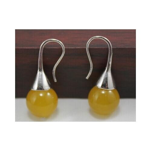 12mm yellow natural jade bead hook earrings