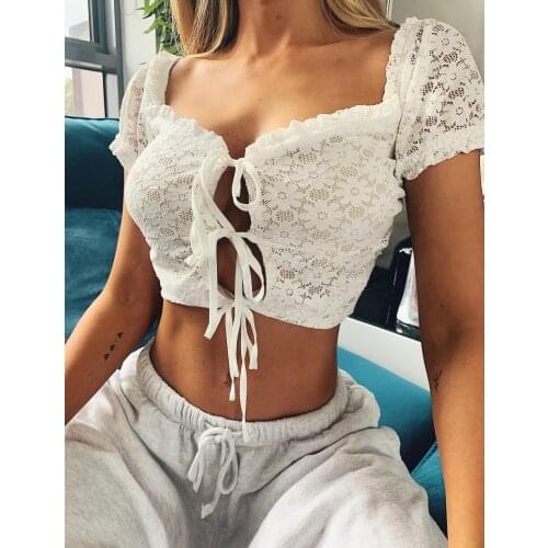 Summer Women Lace Floral Tops Sexy Summer Puff Sleeve Square Collar T-Shirts See Through Lace-up Slim Crop Tops Women Streetwear