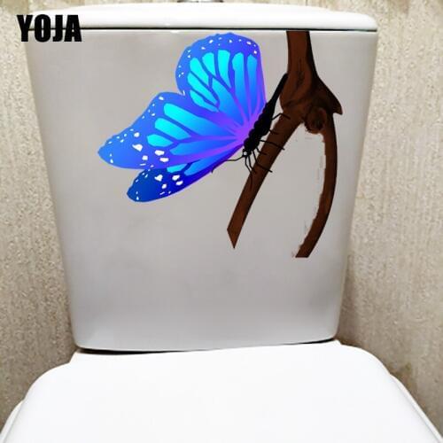 YOJA 21.5X23.2CM Blue Butterfly On A Branch Bathroom Toilet Decor Creative Cartoon Home Wall Sticker T1-2195