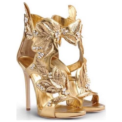 2015 Newest Women Gold High Heel Gladiator Sandals Elegant Ladies Rhinestone Diamonds Cut Out Sandalia Gold Leaves Summer Shoes