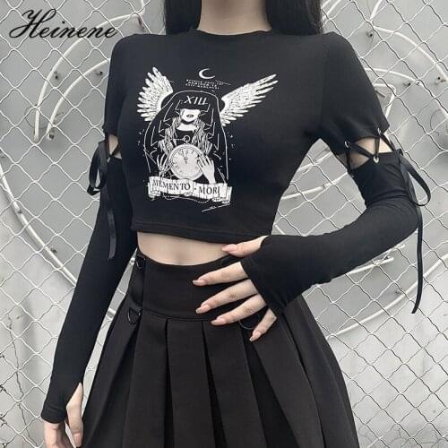 Heinene Gothic Womens Sexy Long-Sleeved Top Stitching Casual Navel Bare Women Bandage Streetwear Hollow Out Slim Womens Tops