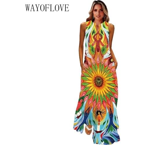 WAYOFLOVE Big Flower Print Girl Beach Dress 2021 Casual Plus Size Long Dresses Summer Woman Sleeveless Maxi Dress Women Elegant
