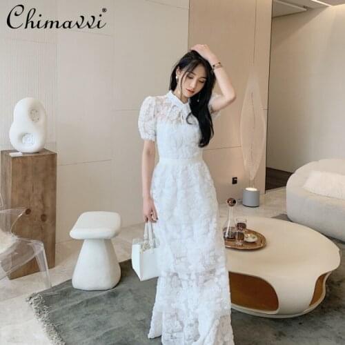 White Maxi Dress for Women Vintage Mesh Plate Flower Short Sleeve Floor-length Dresses 2021 Summer High-waist Slim Cake Dress