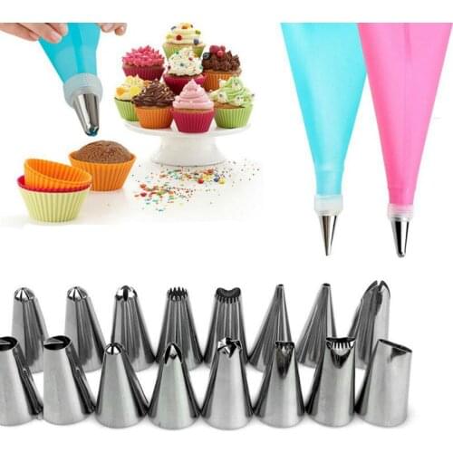 18PCS/SET Silicone DIY Icing Piping Cream Pastry Bags + 16PCS Nozzle Tips Set Cake Decorating Tools Mould + Converter Cake Tools