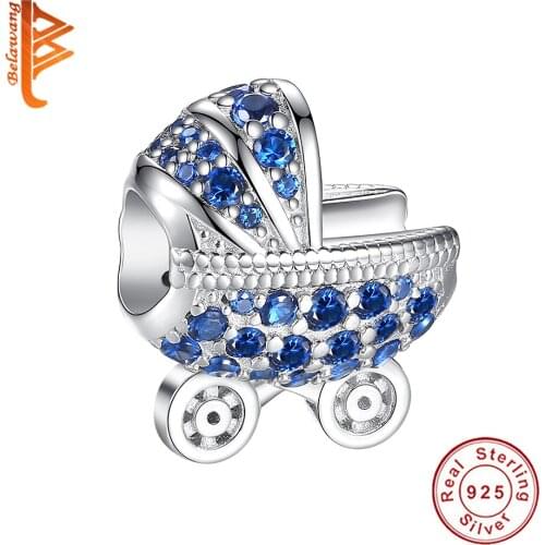2021 Pure 925 Sterling Silver Baby Carriage Bead With Platinum Plated Blue CZ DIY Charm Fit Original Bracelet Women Jewelry