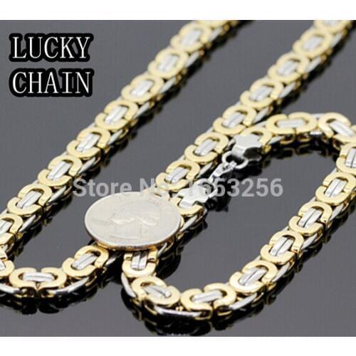 8mm wide Stainless Steel Hot Sale Byzantine Link Chain Necklace & Bracelet Set Mens Jewelry