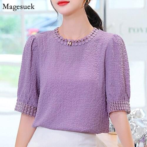 2021 Summer Short Sleeve Chiffon Blouses Women Casual Pleated Ladies Tops Blusas Mujer Solid Plus Size Womens Shirts New 10205