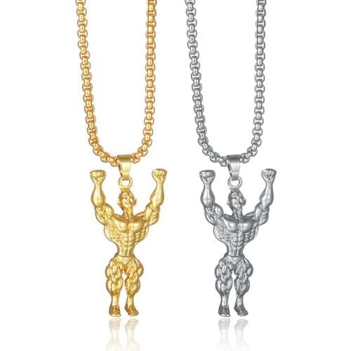 Personality Bodybuilding Muscle Men Pendant Necklace For Man Woman Fashion Gold Silver Color Fitness Lovers Long Necklace 2021