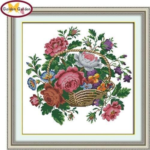GG Beautiful Flower Basket Counted Cross Stitch 11CT 14CT Handmade Craft Cross Stitch Needlework Embroidery Kits for Home Decor