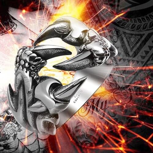 New Retro Fashion Mens Punk Biker Titanium Steel Black Silver Dragon Claw Ring Fashion Jewelry Opened Sizes