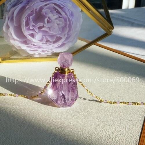 BOROSA Gems Stone Perfume Bottle Necklace Good Jaspers Amethysts 26inch Chain Necklaces Diffuser Necklace for Women Gifts HD0091