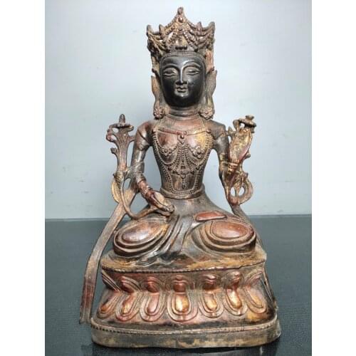 9"Tibet Temple Collection Old Bronze Cinnabar Lacquer Green Tara Buddha Guanyin Bodhisattva Enshrine the Buddha Ornaments