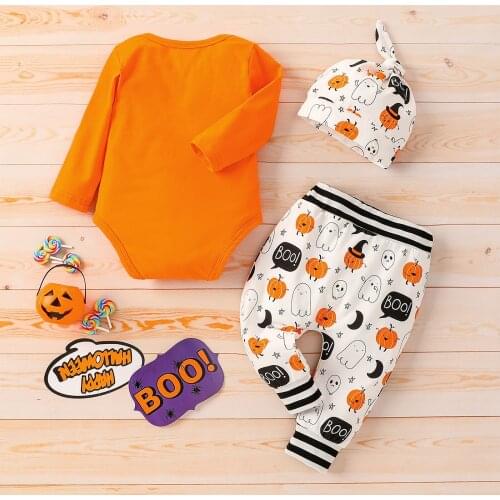 3Pcs Baby Halloween Outfit, Letters Long Sleeves Romper + Pumpkin Ghost Print Pants + Hat for Toddler Boys, Girls, 0-12 Months