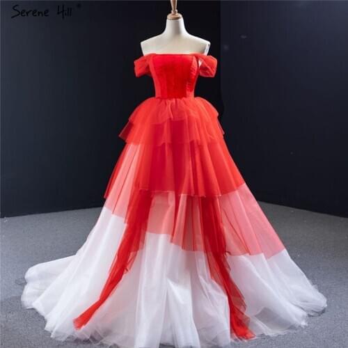 Red White Simple Sexy A-Line Prom Dresses 2020 Off Shoulder Tiered Long Party Dresses Serene Hill HM66995
