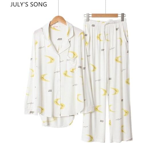 JULYS SONG 2020 New Women Cotton Pajamas Set 2 Pieces Autumn Moon Cloud Printing Long-sleeved Trousers White Casual Sleepwear
