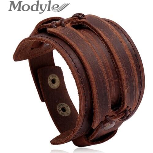 Modyle New Fashion Charm Wide Leather Bracelet Men Punk Braided Rope Alloy Cuff Bangle Male Wristband Bracelet Mens Jewelry