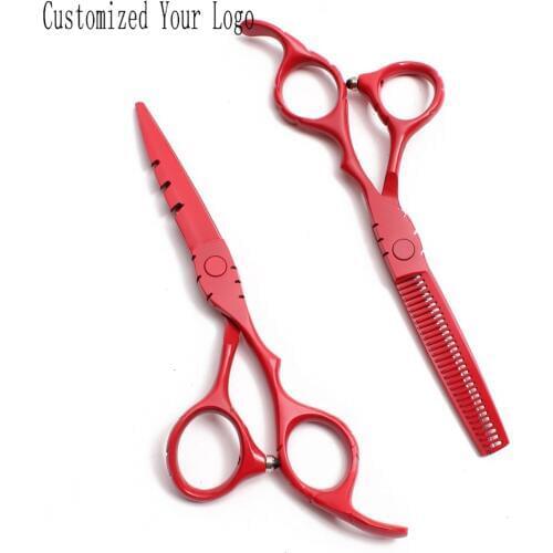 5.5" 16cm Customized Logo 440C Red Professional Hairdressing Scissors Cutting Shears Thinning Scissors Hair Scissors C1010
