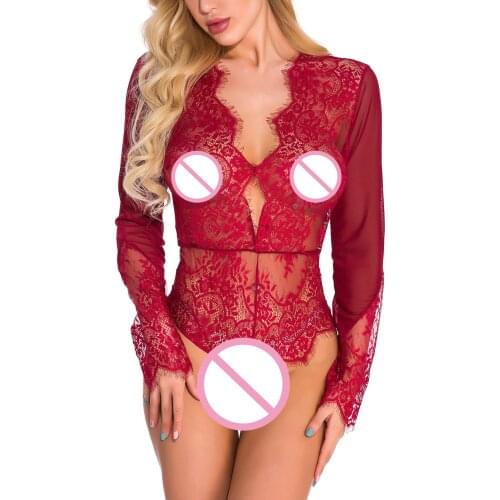 Sexy Bodysuit Perspective Lace Stitching Pajamas Eyelashes Ladies Sexy Deep V Neck Bodysuits Slim Lace Long Sleeve Bodysuit