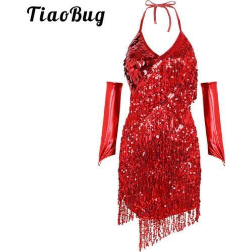 TiaoBug Women Shiny Sequins Tassels Halter Backless Asymmetrical Latin Dance Dress Salsa Rumba Samba Tango Stage Dance Costumes
