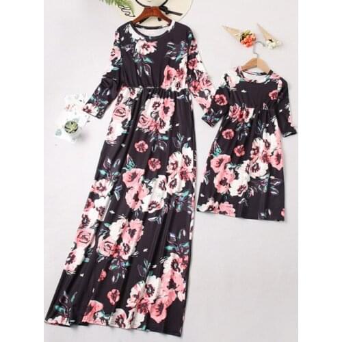 Spring Autumn Mommy Daughter Floral Print Dresses Long Sleeve O Neck Dress Family Matching Outfits Parent Child Clothing