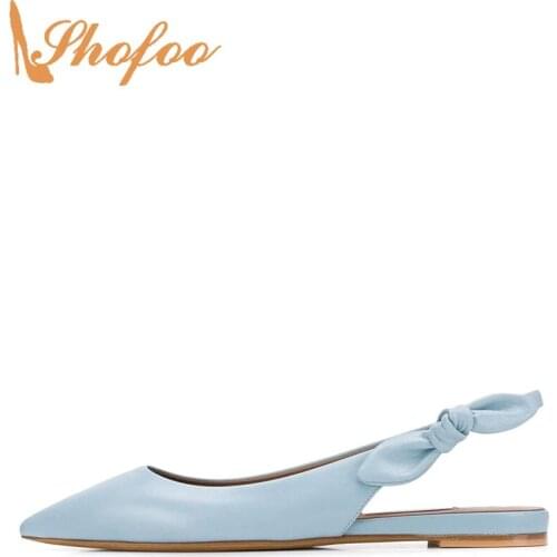 Blue Slingbacks Flats Women Butterfly-Knot Large Size 15 16 Ladies Summer Shoes Pointed Toe Casual Fashion Office Mature Shofoo
