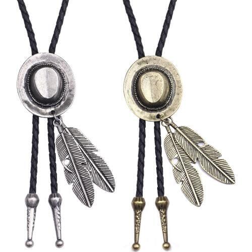 Vintage Cowboy Hat Jazz Feather Pendant Men Women Necklace Couple Leather Rope Necklaces Sweater Chain Fashion Jewelry