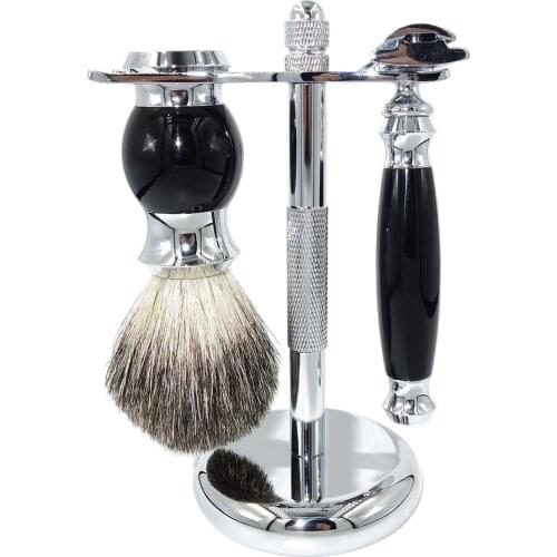 WLONG High End Personal Shave Brush Set with Honey Pure Badger Hair Handle Holder and Double Edge Safety Razor