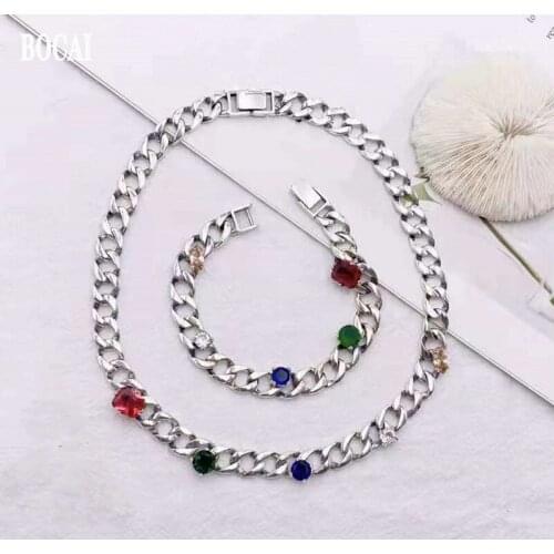 BOCAI Pure S925 Silver Jewelry Inlaid with Five Color Diamonds Tank Chain Woven Cuban Chain 2021 Trendy Woman Bracelet/Necklace