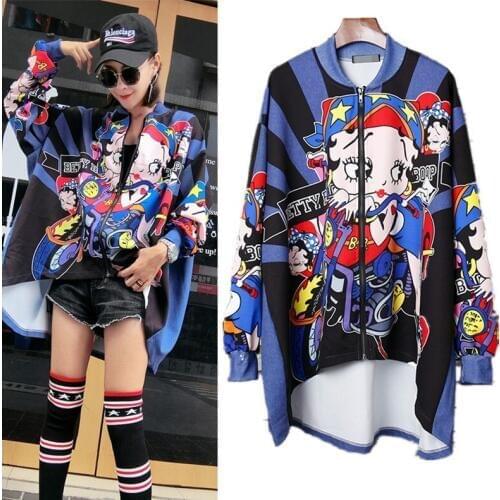 Women Blouses Streetwear Autumn Outwear Cloak Tops Cape Shirts Casual Cartoon Printing Zipper Maxi Baseball Blouses NS522