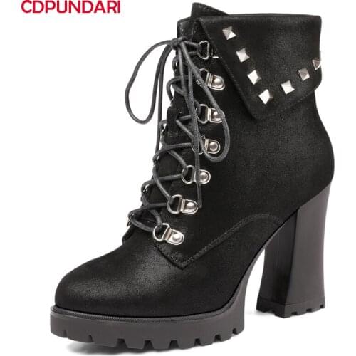 Ladies Black Genuine Leather Super High Heels Platform Ankle Boots Women Autumn Winter Rivet Punk Modern Short Boots Party Shoes