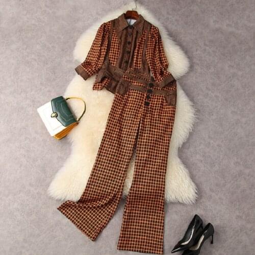 Top Quality Designer Clothing Sets 2021 Autumn Pant Suit Women Color Block Stitching Top Shirt+High Waist Straight Long Pant Set