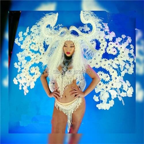 White Leaves backplane dj wings ds singer dress bikini female stage wears dance costumes Christmas outfits clothing headwear