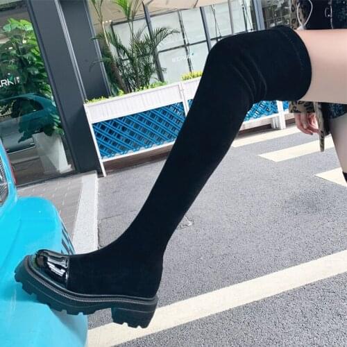 Winter Long-tube Over-the-knee Boots Womens Leather Black Show Thin Stretch Boots Thick-soled Square Heels Knight Boot Shoes
