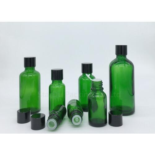 100PCS/lot 5ml/10ml/15ml/20ml/30ML/50ml/100ml Green Glass Bottle Vials Essential Oil Bottle with black screw cap Perfume bottle