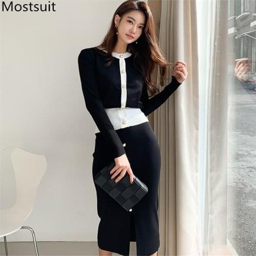 2020 Spring Black Korean Office Knitted 2 Piece Skirt Sets Women Single-breasted Cardigan Tops + Midi Pencil Skirt Fashion Suits
