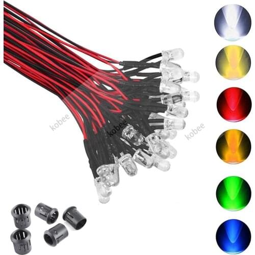 3mm/5mmRed/Green/Blue/white/Yellow/RGB Pink UV 12V DC Round Pre-Wired Water Clear LED With Plastic Holder