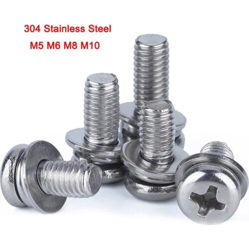 304 Stainless Steel Phillips Pan Head Combination Screw Round Head Three Combination Screws M5 M6 M8 M10