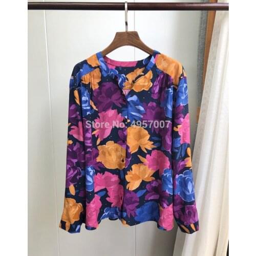 ElfStyle Viscose Peony Flower Blouse Top O Neck & Buttoed Closured - 2020 Spring Summer Female Stylish Long Sleeve Blouse Shirt