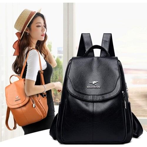 Brand Women Backpack High Quality Leather School Bags For Teenager Girls Casual School Backpack Vintage Solid Lady Shoulder Bags