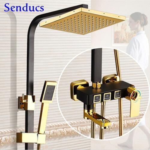 Black Gold Shower Set Copper Bathroom Shower Faucet Spa Rainfall Shower Head Luxury Thermostatic Bathroom Shower System