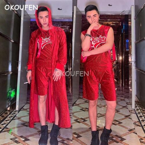Party costume set nightclub bar male singer DS clothing fashion cool men colorful red lead stage performance set