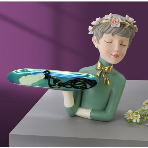 Nordic Flower Head Boy Storage Tray Resin Accessories Coffee Table Figurines Crafts Home Livingroom Desktop Sculpture Decoration