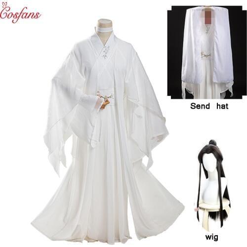 New Unisex Xie Lian Cosplay Costume Tian Guan Ci Fu Cosplay Xielian wigs Bamboo Hat Prop White Han Fu Anime Outfit free delivery