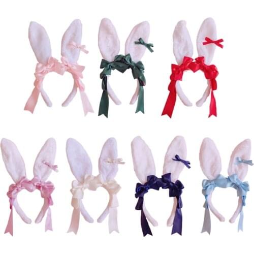Japanese Lolita Headband Plush Rabbit Bunny Ears Hair Hoop Sweet Big Bowknot Ribbon Headdress Cosplay Party Bandana