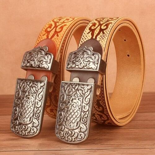 Ta-weo) Ethnic Style Genuine Leather Belts For Men and Women, Mens Mongolian Auspicious Pattern Embossed Handmade Waist Strap