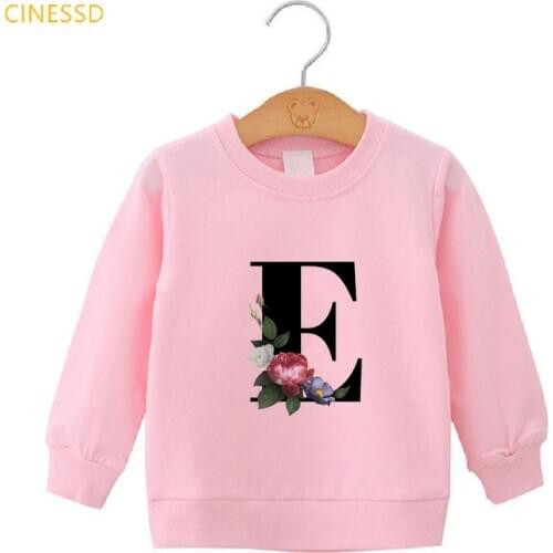Vogue Girls Hoodie Pink Yellow Jumper 26 English Alphabet A-G Flower Print ChildrenS Casual Pullover Teen Kids Winter Thick Top