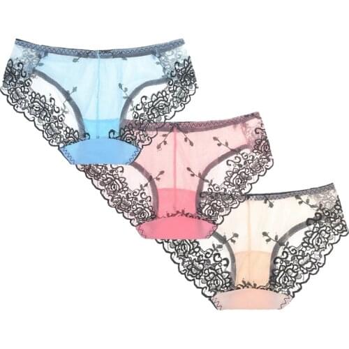 BANNIROU Embroidered Briefs For Woman Sexy Lace Mesh Panties Solid Underwear Woman Underwear Feamle Panties Sexy New M-XL 3 Pcs